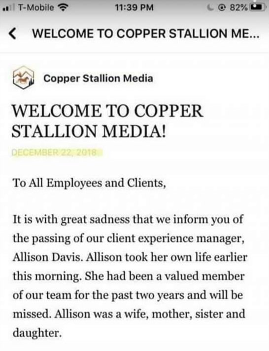 An extra note: a bit of misinformation is spreading that Jesse discussed Allison's suicide on December 22nd, 2018, but I looked into it and it turns out that the Facebook page for Copper Stallion Media was made on December 22nd, 2018.