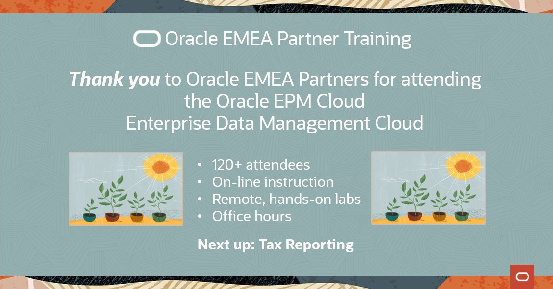 toby_hatch's tweet image. Just wrapped up the virtual EMEA @Oracle #EPM partner training for Enterprise Data Management Cloud. Our product management team was delighted to have you experience the latest features and capabilities. Join lnkd.in/e2EjUCF #epmcloud 
@OracleERPCloud #OracleEDM