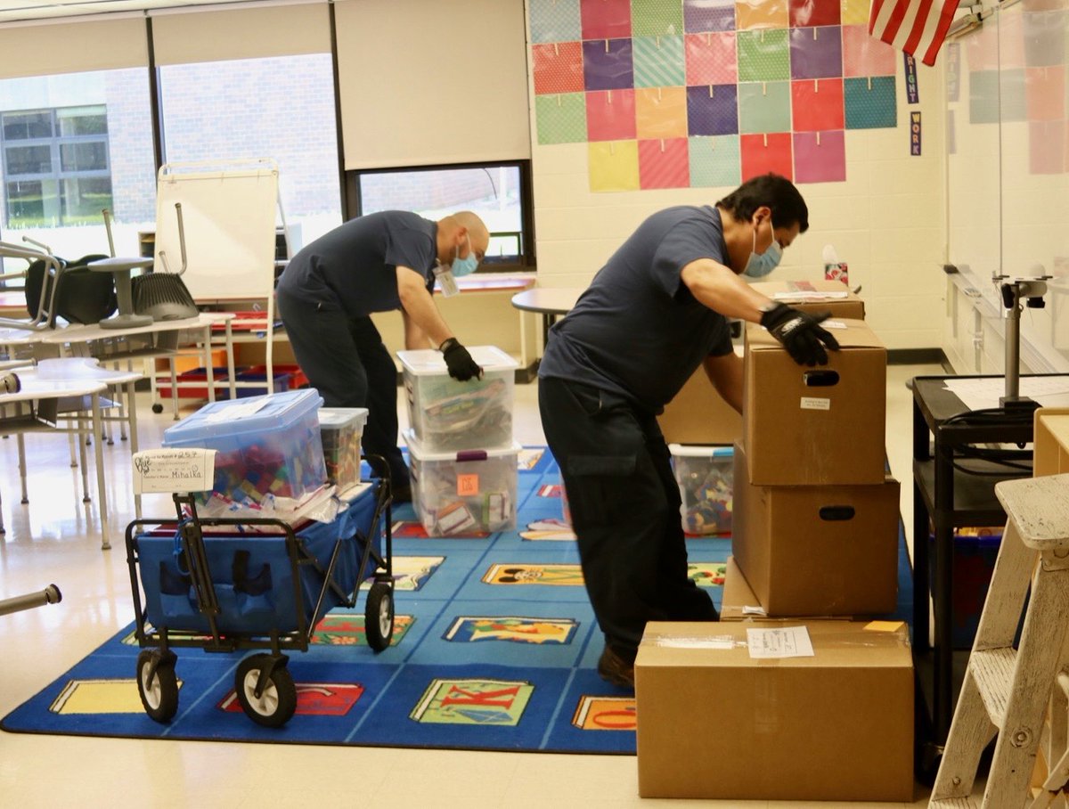 Custodians are busily packing up kindergarten teachers' belongings to move them to the School of Young Learners. #D73inspires #become1