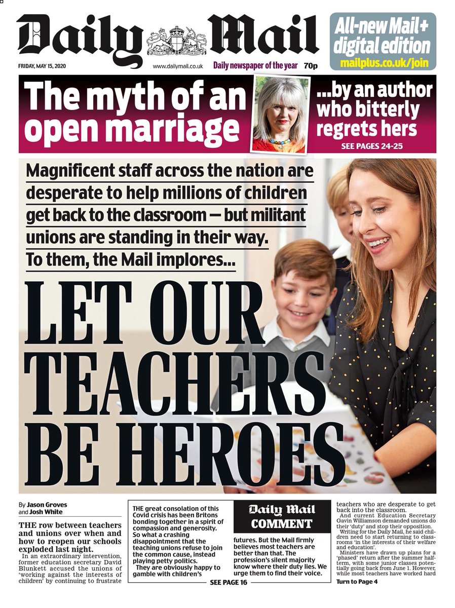 This is a lie. There is no “row between teachers and unions”: 92% of <a href="/NEUnion/">National Education Union</a> members say they don’t feel safe.

The unions *are* the teachers. By refusing to put themselves at risk they are acting in all our interests - and for that, they are heroes.
