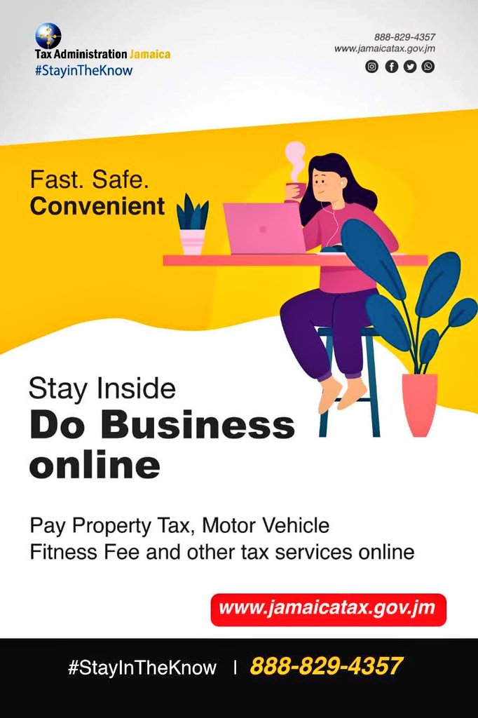 JamaicaTax's tweet photo. There's no limit to when you can do biz with us. #FutureofTaxServices https://t.co/C7lfnF1wHp, sign up for an eAccount & voila! Prop Tax, GCT, Fitness Fee, Traffic Ticket, TCC... #ClickAButtonConvenience @DrNigelClarkeJa @Bertitude @MOFJamaica @PrinceC876 @Jamprocorp @GNJ_Ltd https://t.co/bhioEoNdqH