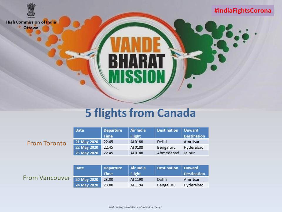 Ajaybis's tweet photo. Here’s the current schedule of AI special flights from Canada this month. We are emailing details to Indian citizens who have registered and are invited to travel. More flights in the works, we want you home! @HCI_Ottawa @cgivancouver @IndiainToronto    #VandeBharatMission https://t.co/0N8K6OOJJ5
