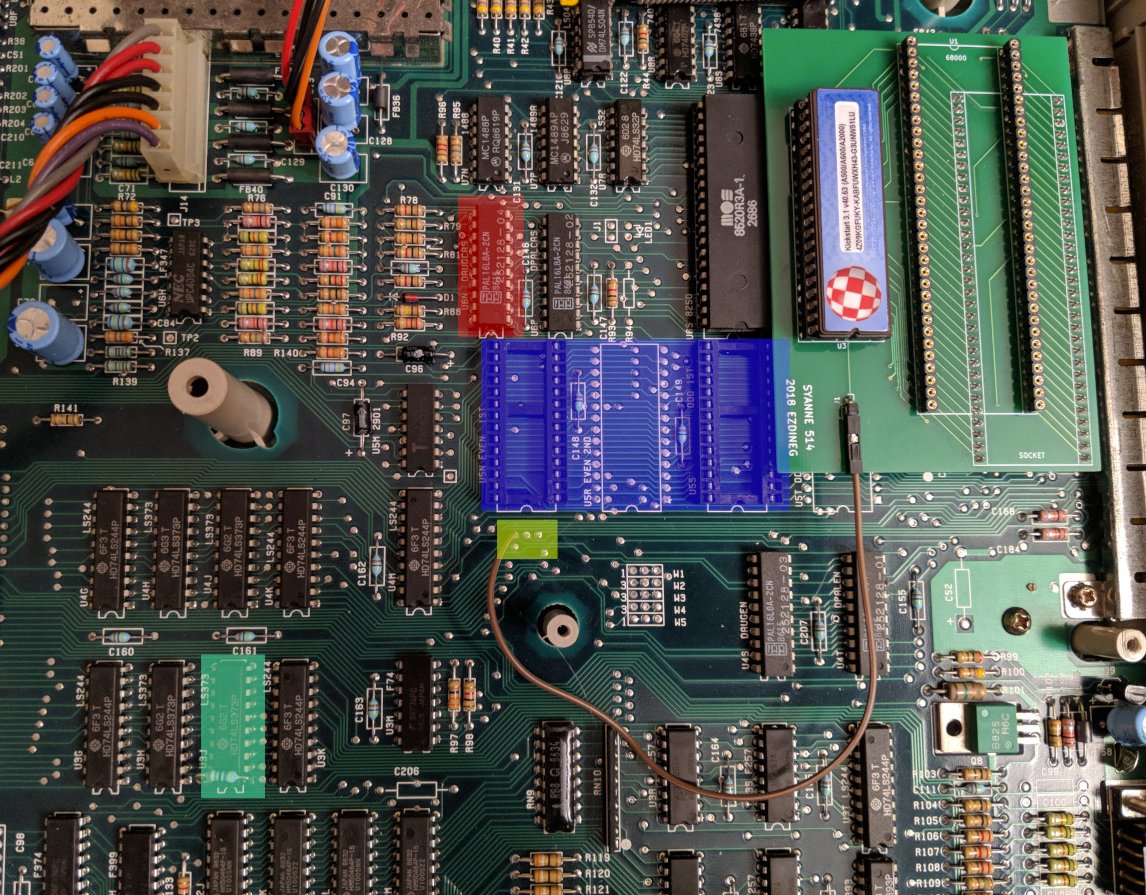 later on, of course, people figured out how to replace the daughterboard with actual ROM chips. this was never an official option from Commodore. the successor product, the Amiga 500, had ROM chips instead of requiring a kickstart disk.