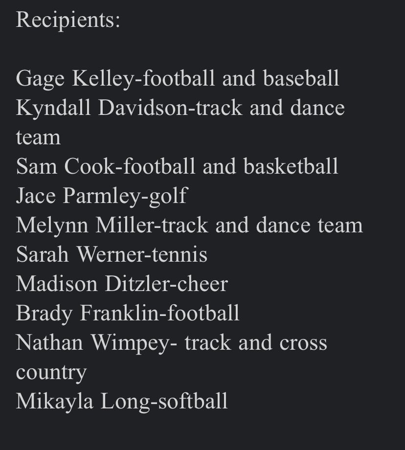Congrats to the following student athletes who received $1000 scholarship from ⁦<a href="/NEOSHOBOOSTER/">NEOSHO BOOSTER CLUB</a>⁩  club!!