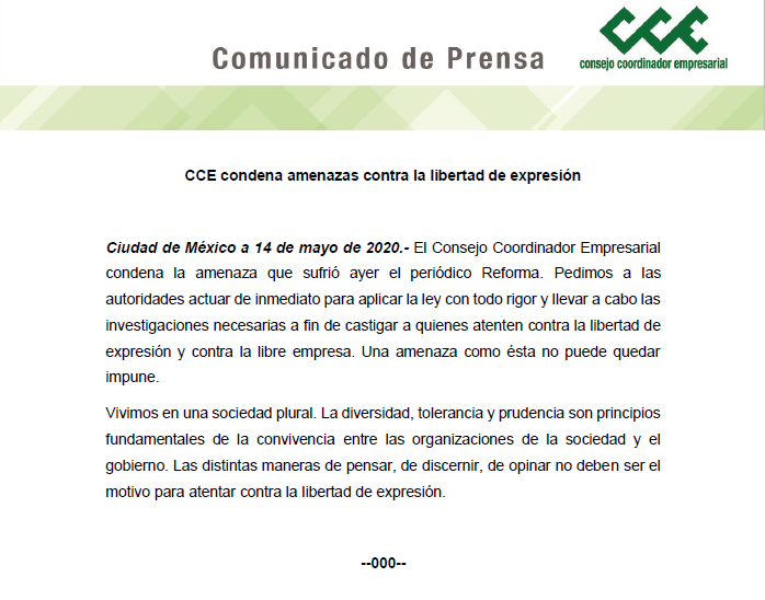 cceoficialmx's tweet photo. #Comunicado CCE condena amenazas contra la libertad de expresión https://t.co/xpPjrNlDFW
