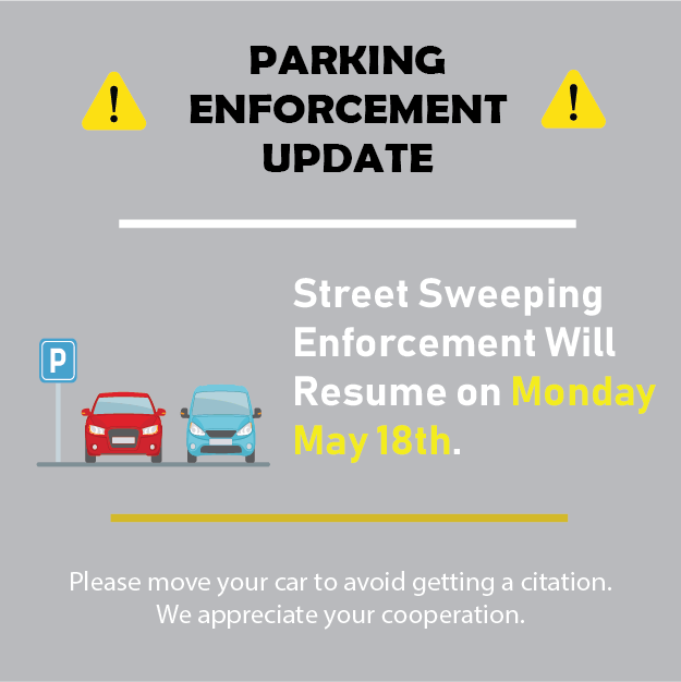 CityofRosemead's tweet photo. ⚠️Parking Enforcement Update⚠️
Street sweeping parking enforcement will resume on Monday, May 18, 2020.
For further questions or assistance, please call the Public Safety Center at (626) 569-2292.
#RosemeadIsInThisTogether #LetsKeepRosemeadClean
#Rosemead #StreetSweeping https://t.co/EBiYxGWmao