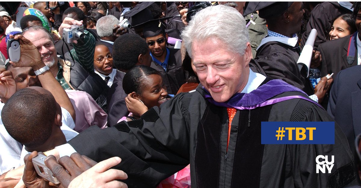 CUNY's tweet photo. Former president @BillClinton reinforced the principles of public service to graduating seniors at @CityCollegeNY's commencement in 2004. #TBT https://t.co/p2WrkCDsbg