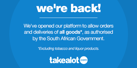 TAKEALOT's tweet photo. WE'RE BACK!

Takealot is NOW OPEN for full* trading! Safely shop millions of products, including TVs, toys, gaming, large and small appliances and so much more! https://t.co/ZuVBOcju15

*Excludes tobacco and liquor products. 

 #StaySafeWithTakealot #ShopAnythingYouCanImagine https://t.co/A8wU9BO8mX
