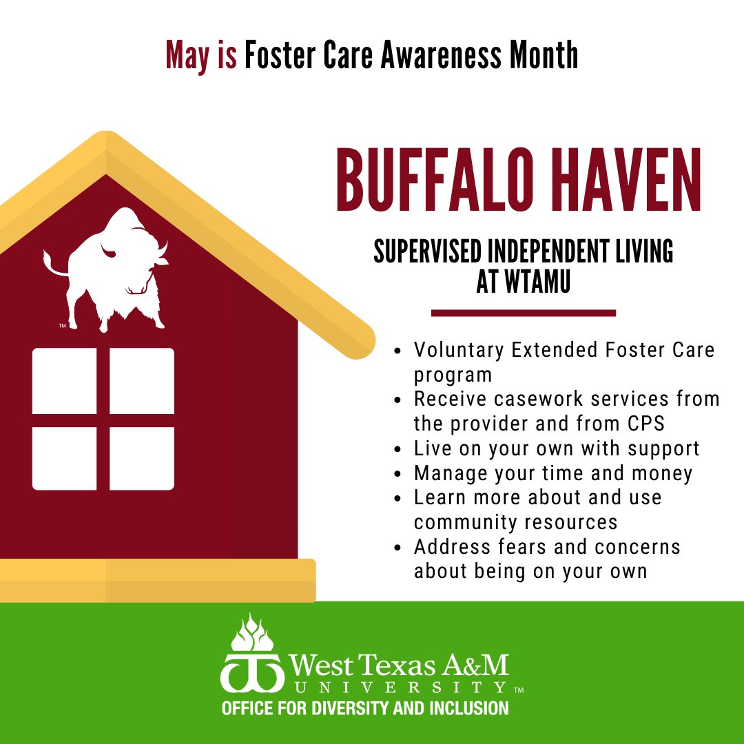 WT_OEC's tweet photo. Buffalo Haven at WTAMU is supervised independent living that is is voluntary for extended foster care program. #IMatterWT #FosterCareAwareness https://t.co/kpm1zJcSwn