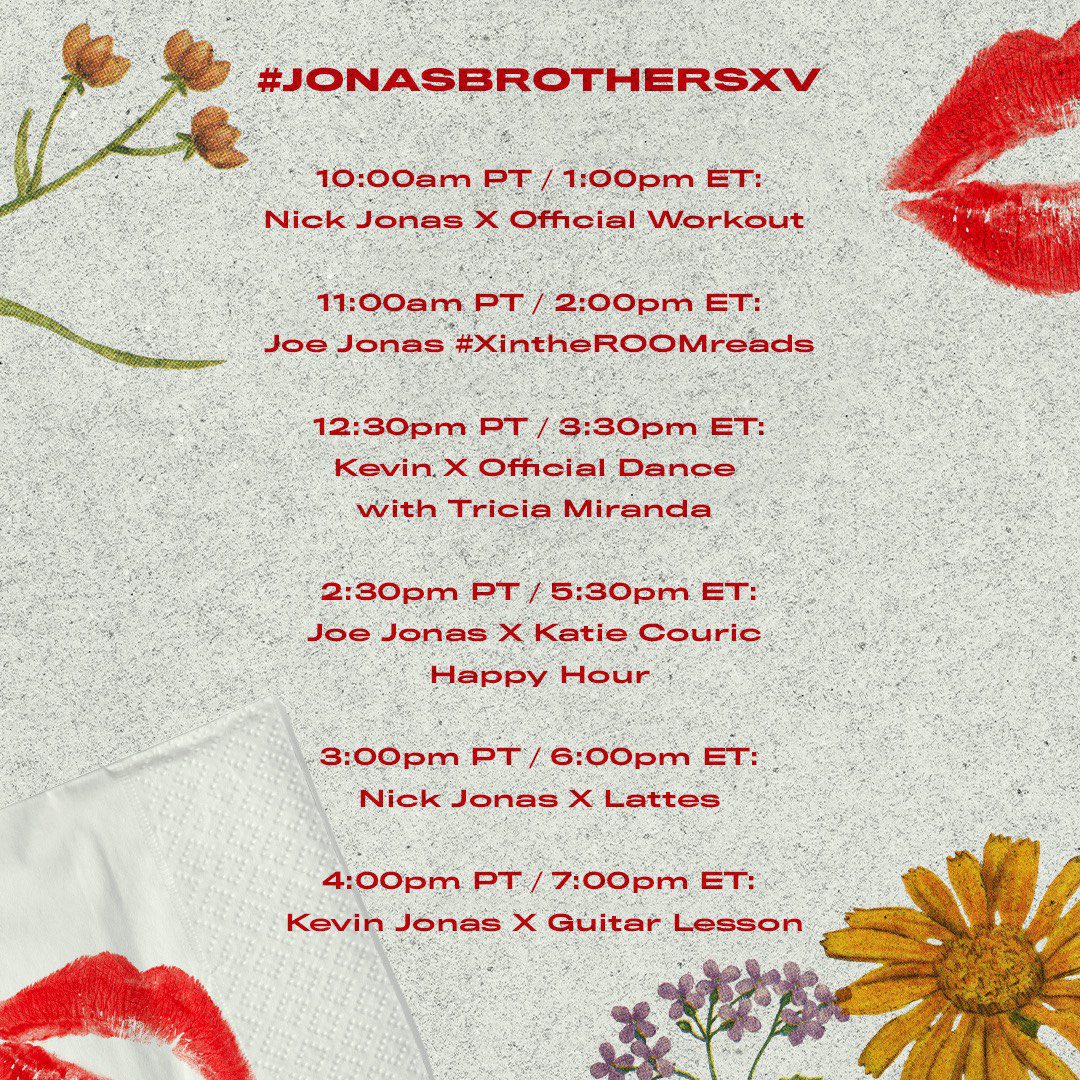jonasbrothers's tweet photo. Tomorrow starting at 1pm ET we're going live for 15 minutes on IG all day for #JONASBROTHERSXV!! Here's the schedule so you guys can come join in 😎 https://t.co/38aqqjejIl