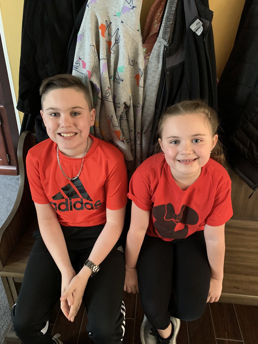 JenAntRN's tweet photo. Wearing red for spirit week. Today’s pillar of character is caring. These two care so very much about their family and friends! ❤️ @McDivittSchool https://t.co/xgWP1OYNuG