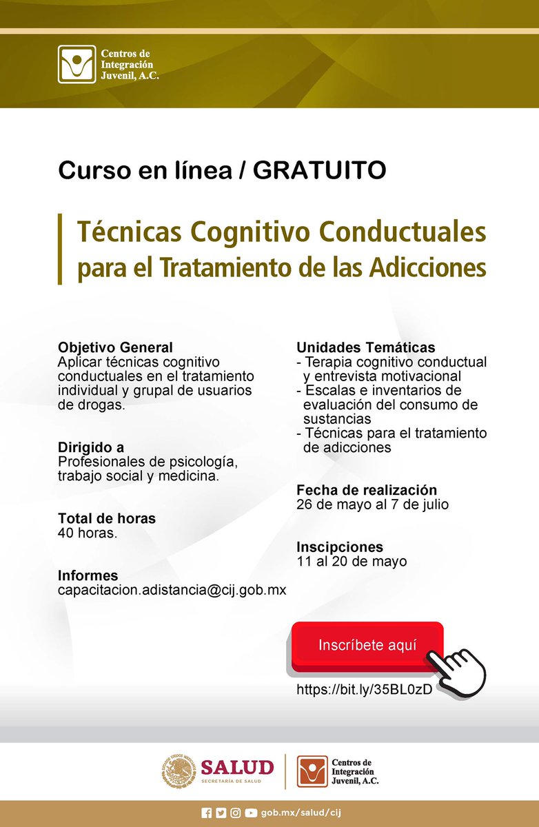 CIJ_Adicciones's tweet photo. Te invitamos a participar en el curso en línea “Técnicas Cognitivo Conductuales para el Tratamiento de Adicciones”

Las fechas de inscripción son del 11 al 20 de mayo y puedes realizarlo ingresando al siguiente link: 

👇👇👇
https://t.co/4mADrq58r0

#QuedateEnCasa https://t.co/1Ndb2rlAZH