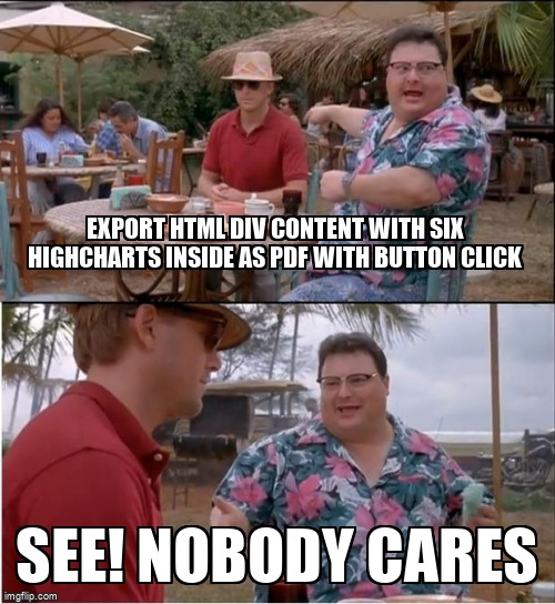overflow_meme's tweet image. Export HTML div content with six highcharts inside as pdf with button click stackoverflow.com/questions/6180… #html2pdf #html2canvas #jspdf #highcharts