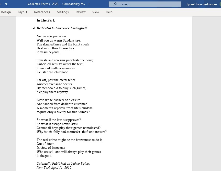 LRLaverdeHansen's tweet photo. #PoemoftheDay "In the #Park" is a #poem about what is #play--and who #plays! From an unpublished #book of collected #verse.  #EnglishLiterature #Poem #Poems #Poetry #TruePoetry #Twitterpoem #Twitterpoet #Twitterpoets #LRWriter #poet https://t.co/IY1omBxsmy