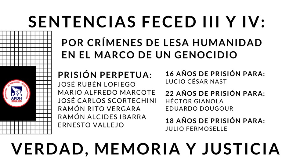 KORTAZAR's tweet photo. ✅CAUSAS #Feced III Y IV
HOY INFORMARON SENTENCIAS EFECTIVAS A LOS GENOCIDAS Y TORTURADORES QUE YA SE ENCONTRABAN DETENIDOS POR "CRÍMENES DE LESA HUMANIDAD EN EL MARCO DE UN GENOCIDIO"
#memoriaverdadyjusticia
#JusticiaEnCuarentena
#QuedateEnCasa
¡Memoria, Verdad y Justicia! https://t.co/ht1Cy9gvPc