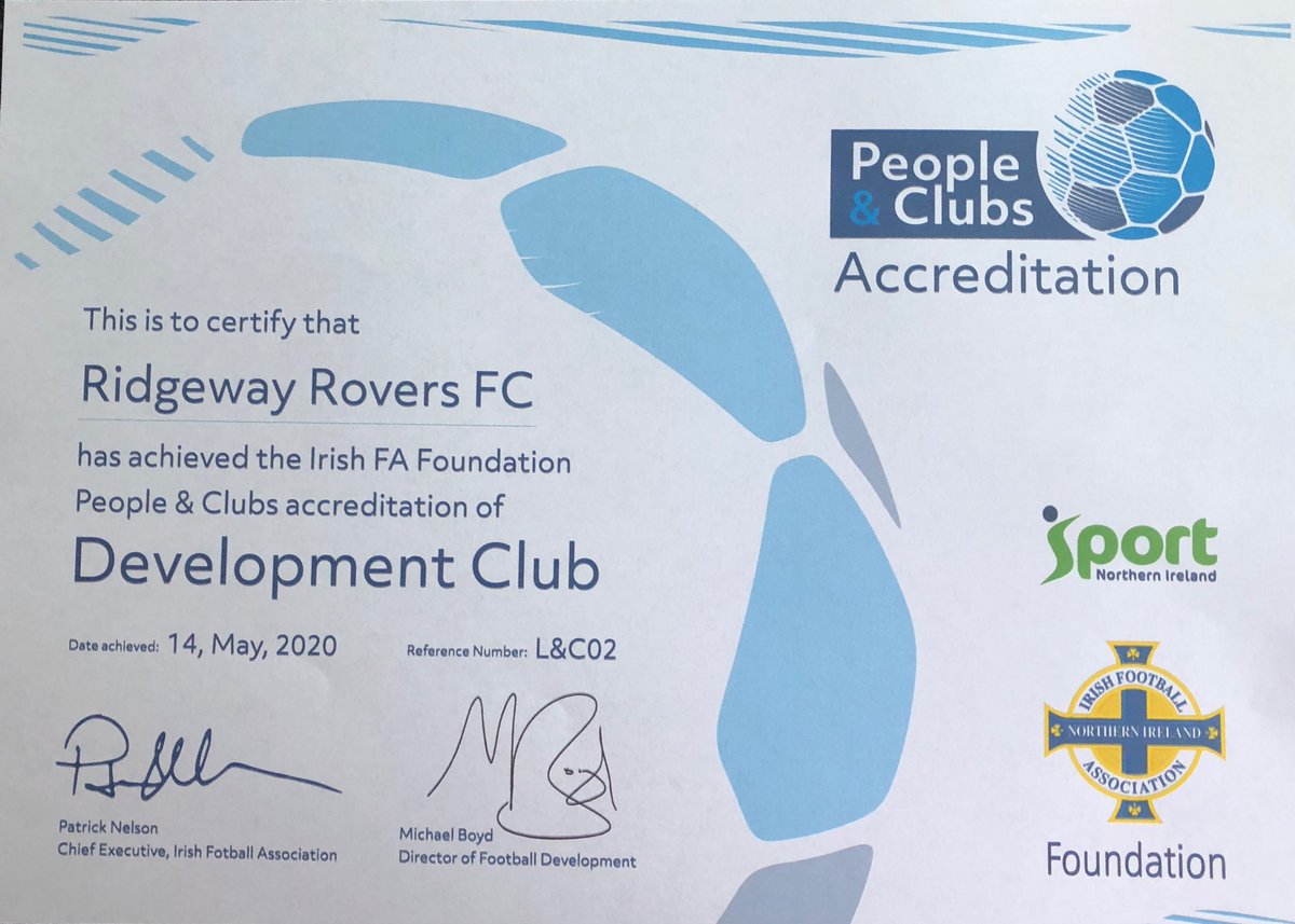 ridgeway_rovers's tweet photo. Delighted to announce that Ridgeway Rovers FC have just been awarded the IFA’s People and Clubs Accreditation well done to everyone that volunteers at the club. https://t.co/rpaq7oDgHg