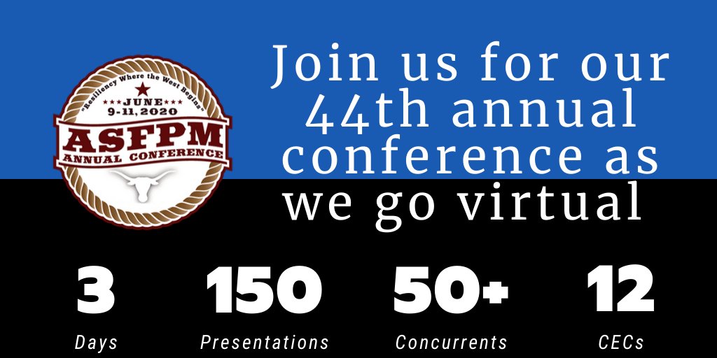 FloodsOrg's tweet photo. Each year ASFPM puts on the nation’s largest conference dedicated to all aspects of #flooding and #floodplain management. This year is no different – except we’re going virtual. 

Join us online (live and on-demand) for three days of learning. #ASFPM2020 
https://t.co/99uHhgvORX https://t.co/YmNcDFxP8M