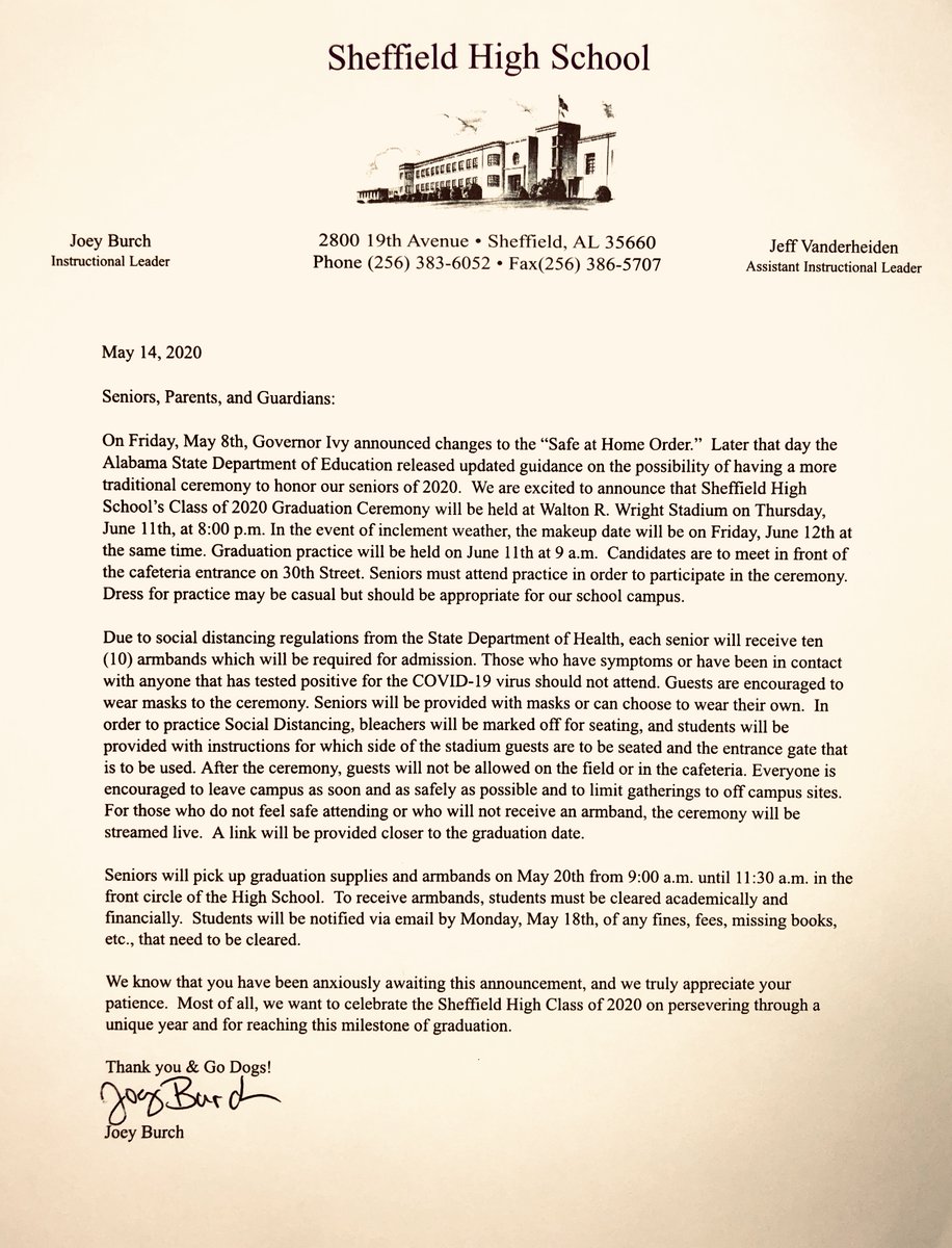 SCS_Bulldogs's tweet photo. Sheffield High School's Class of 2020 Graduation Ceremony will be held at Walton R. Wright Stadium on 6/11/2020 at 8:00 p.m. Due to social distancing regulations from the State Department of Health, each senior will receive ten (10) armbands which will be required for admission. https://t.co/oI4B968NYn