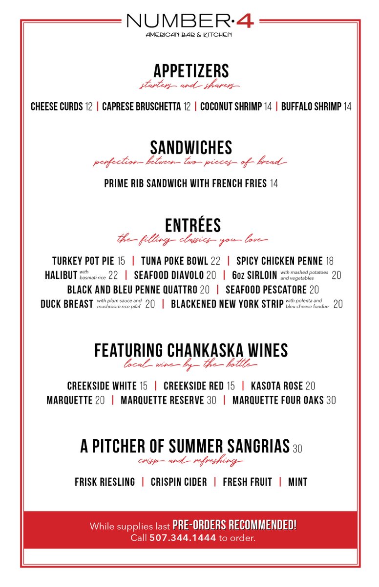 Number4MN's tweet photo. We're open Today, Tomorrow, and Saturday 4-8pm. Check out this week's menu featuring Chankaska wines and our Summer Sangrias! https://t.co/Urzbzo9EZC