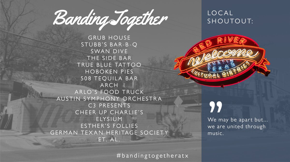 ZhiTea's tweet photo. #redriverculturaldistrict is our weekly local shoutout at
#zhitea. The Zhi team is comprised of performers and local music lovers. And we want to ensure live music returns to the spot light in the Live Music Capital of the World.
Visit https://t.co/Cy0sT4ggUx
and Give back!! https://t.co/XleCCAZaHo