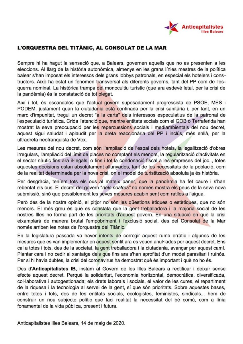 AnticapIB's tweet photo. Comunicat d'Anticapitalistes Illes Balears sobre el nou decret del Govern Balear. https://t.co/xHxjhX8TCn