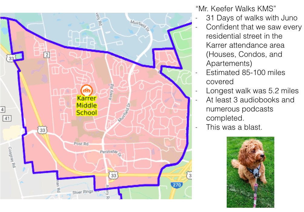 KMSRoom229's tweet photo. Juno and I did it!!! Day 31 of #KMSWander completed our journey of walking all of @KarrerMS attendance area. Crazy! Maybe we will start over tomorrow. 🤣 https://t.co/lSPXL6Nrw2