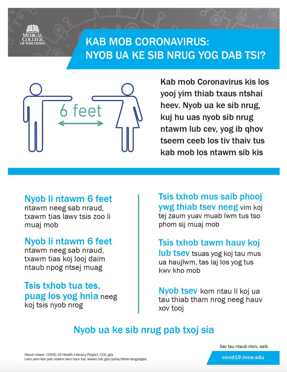 MedicalCollege's tweet photo. Did you know: The MCW Coronavirus (COVID-19) Resource Center offers a number of community resources and infographics in multiple languages including English, Spanish and Hmong? For more information, visit: https://t.co/algiiBEtlq #MCWCOVID19 #coronavirus #StopCVMKE https://t.co/Fioz2AtnZz