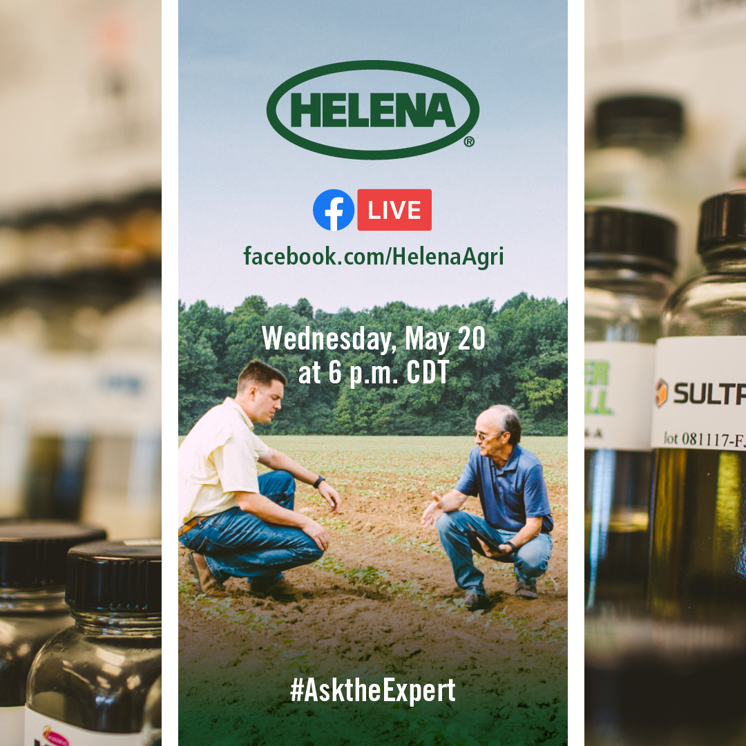 HelenaAgri's tweet photo. Join us at 6 p.m. CDT on Wed, May 20, for our #AsktheExpert Facebook live with longtime expert Johnnie Roberts, Director of Formulation Development &amp; Technical Support. Learn about adjuvants &amp; why you should add spreaders to your tank mix. Submit ?s for a chance to win a hat! https://t.co/oSfZ8nQebW