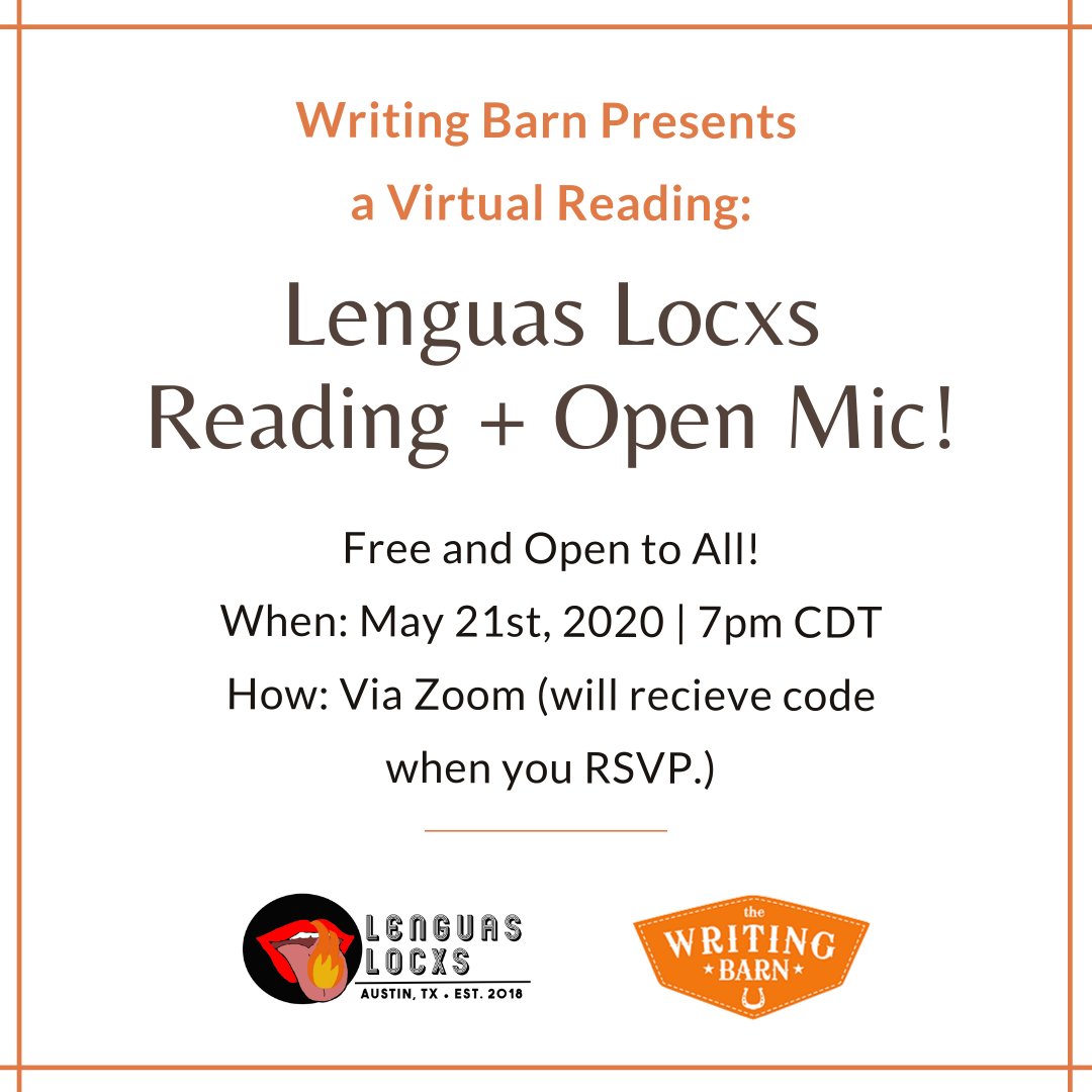 We're teaming up with <a href="/lenguasloc/">@LenguasLocxs</a> to bring you a free virtual evening of prose &amp; poetry! Hear brilliant authors read from their current works, then share your own words in the open mic portion. Next Thurs 5/21 from 7-9 CT!  thewritingbarn.com/class/live-onl…