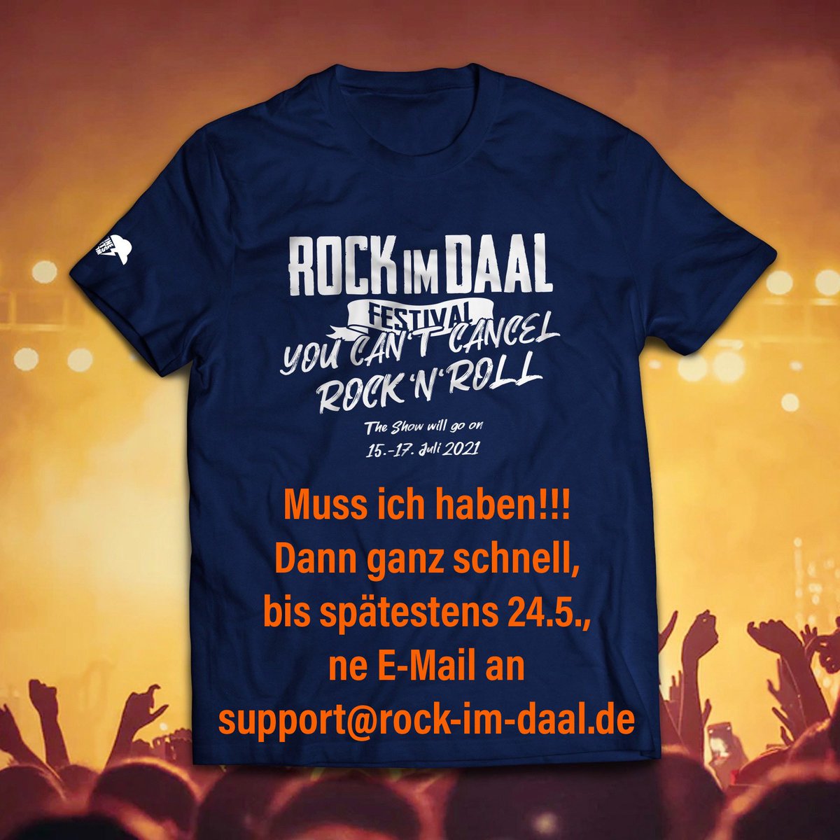 rockimdaal's tweet photo. In Zusammenarbeit mit https://t.co/AYzrLNbB1G könnt ihr uns mit dem Kauf des T-Shirts „You can‘t cancel Rock‘n‘Roll“ unterstützen. Bestellung für 20€ bzw. 23€ mit Versand unter support@rock-im-daal.de und damit unser verschobenes Jubiläum in 2021 sichern 😉 https://t.co/ZyTKgGQJtA