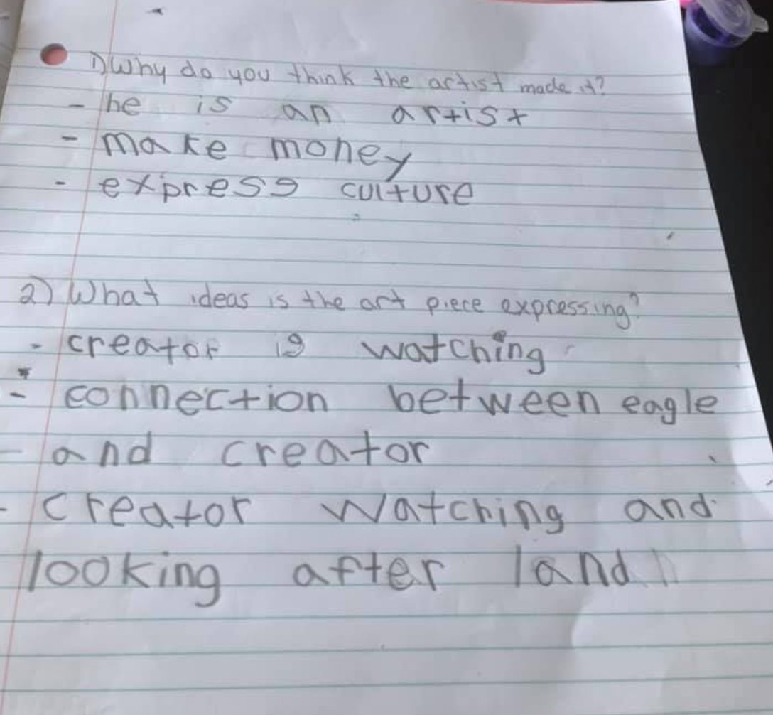 kfidelack's tweet photo. Grateful for families who are taking the time to explore their culture during this time of learning from home. One of my Grade 1 students shared his insightful thoughts about a First Nations art piece in his home, which expresses his culture. #FNMI #edupositive #HBCSpride #NESD https://t.co/0RdJGP8qKA
