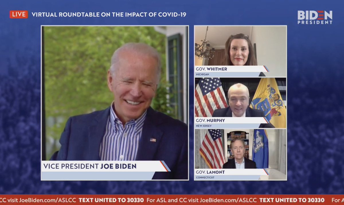 .<a href="/JoeBiden/">Joe Biden</a> hosts a discussion with <a href="/GovWhitmer/">Governor Gretchen Whitmer</a>, <a href="/GovNedLamont/">Governor Ned Lamont</a> &amp; <a href="/GovMurphy/">Governor Phil Murphy</a> on combating the pandemic. Asked whether they feel prepared for a second wave, govs agreed more testing is needed to be ready

"We’ve been way off the mark in getting that material to you all," Biden said.