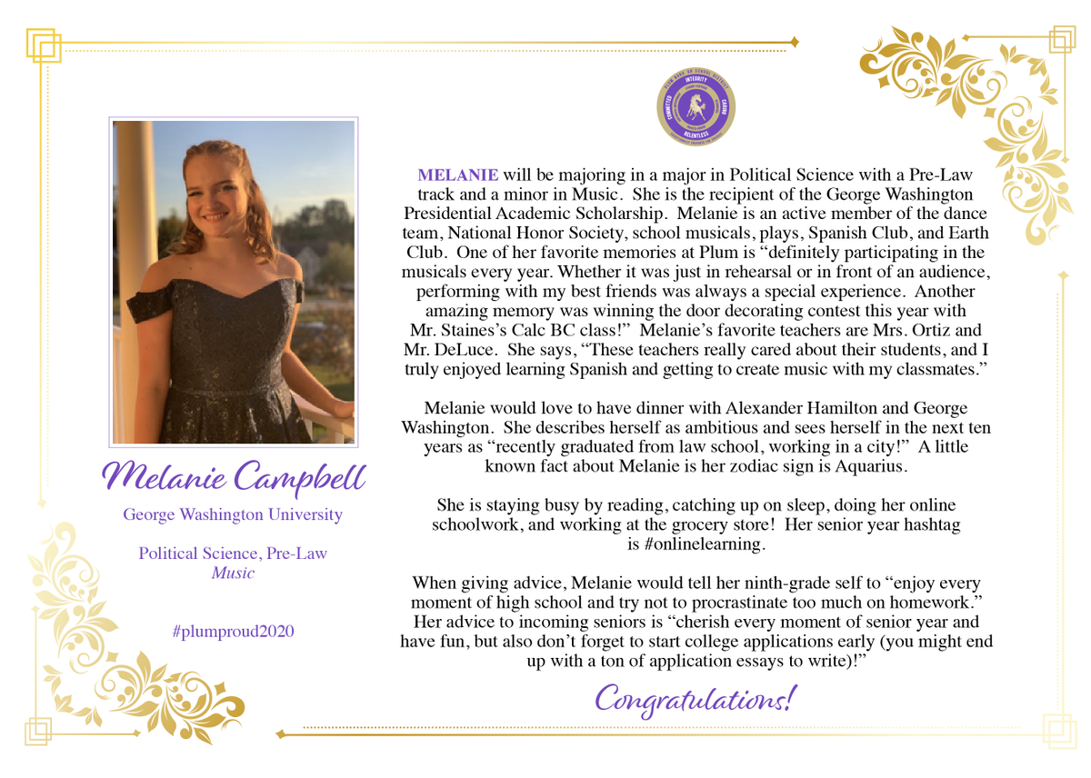 This afternoon, let's celebrate our next Class of 2020 Senior Shout Out, Melanie Campbell!

<a href="/fishellj/">Joe Fishell</a> @phsmustang @MrSzarmach <a href="/HPEPBSD/">Fran Sciullo, D.Ed.</a> <a href="/mr_boyers/">Nick Boyers</a> <a href="/MariaFajt/">Maria Fajt</a> @JKPlum1 <a href="/MrsGestrich/">Mrs. Gestrich</a> <a href="/DrRickWalsh/">Dr. Rick Walsh</a> <a href="/DeniseLSedlacek/">Denise L. Sedlacek</a> @pbsdsupt

#plumproud2020