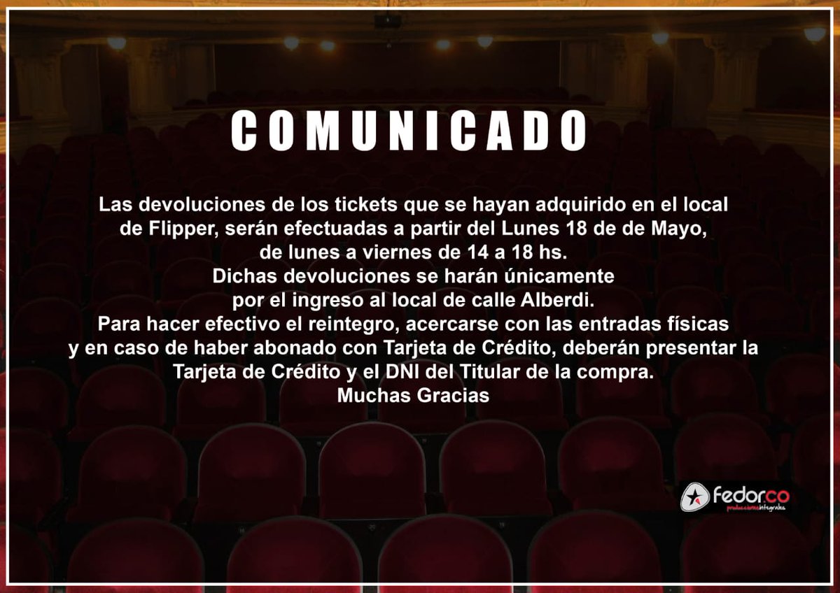viaticketSur's tweet photo. Aviso de la producción respecto a las devoluciones de entradas compradas presencialmente en Flipper en la ciudad de #Neuquén. Por el momento es válido para devoluciones de DIVIDIDOS y PILAR SORDO. https://t.co/A65zLvHfaz