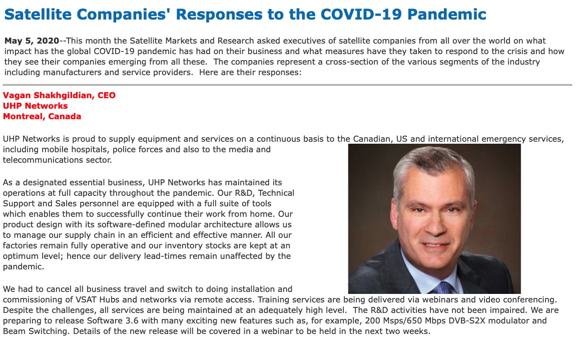 In the May, 2020 issue of Satellite Executive Briefing Magazine, Dr. Vagan Shakhgildian, President & CEO of UHP Networks explains the impact of COVID-19 and how the company is rising to the challenge. Contact: communications@uhp.net satellitemarkets.com/news-analysis/…