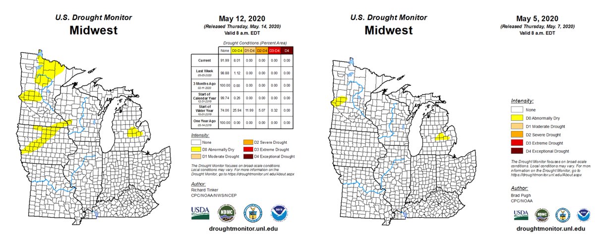 NOAANCEI's tweet photo. May 12: While new areas of abnormal dryness have developed in the Midwest, existing areas of abnormal dryness have spread. https://t.co/hs7rCpQMsY #DroughtMonitor #MNwx #IAwx #MIwx #MNdrought #IAdrought #MIdrought https://t.co/i99b5NKpbW
