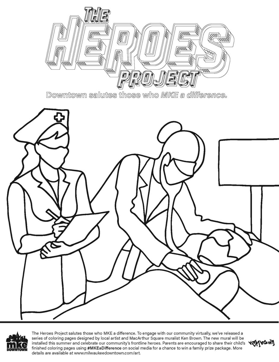 MilwDowntown's tweet photo. "The Hero in You" mural by Ken Brown will salute Milwaukee's frontline & essential workers who #MKEaDifference
Show us your finished Heroes coloring pages for a chance to win a downtown prize pack. Download all coloring pages & view official rules at https://t.co/r0lvhPD0Wn https://t.co/CFfsB4wjO8