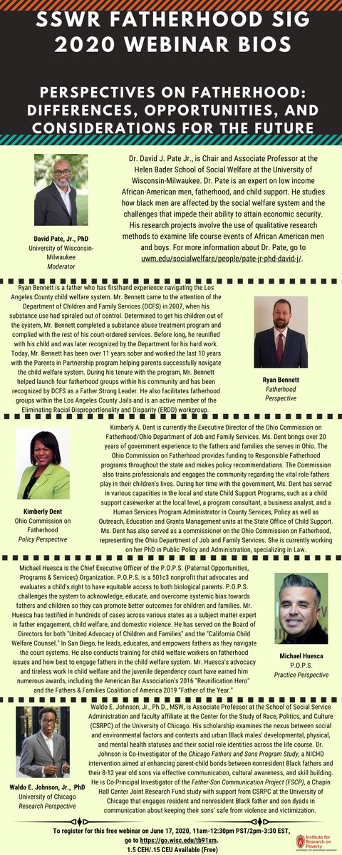Join us for SSWR Fatherhood SIG's Free Webinar, "Perspectives on Fatherhood: Differences, Opportunities, and Considerations for the Future," on Wednesday, June 17, 2pm-3:30pm ET. See flyer and speaker bios below. Register now at go.wisc.edu/tb91xm.