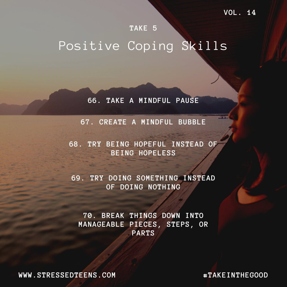 ShambhalaPubs's tweet photo. Today's #take5 positive coping skills recommends breaking things down into manageable pieces, steps, or parts.
Learn more about #TakeInTheGood: https://t.co/M86Ciz6FXX https://t.co/4lrlmrU8cH