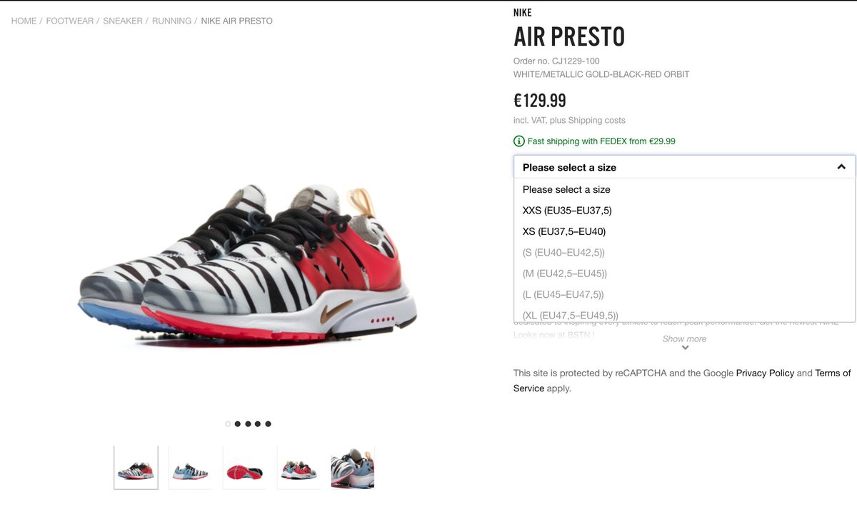 nike presto size chart