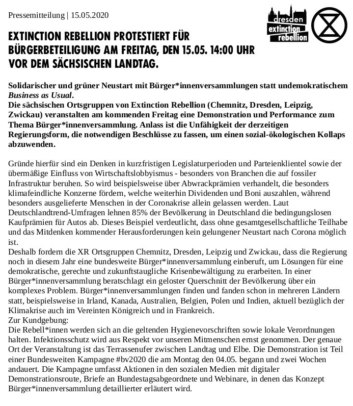 XR_Dresden's tweet photo. Bist du auch schockiert darüber, dass unter der Hand Rettungspakete an Auto- &amp; Flugindustrie geschnürt werden, während eine nachhaltig-solidarische Krisenbewältigung auf sich warten lässt? 
Du möchtest mitreden wie es nach Corona weitergeht, aber dir fehlt der demokratische ... https://t.co/mTSEQrB09H