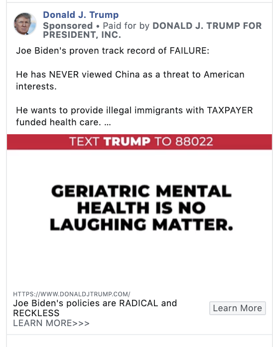 Will Steakin On Twitter New Trump Facebook Ads Go Hard At Biden Over His Age Too Old Old Out Of It One Ad Mockingly Depicts Biden In What Looks Like A
