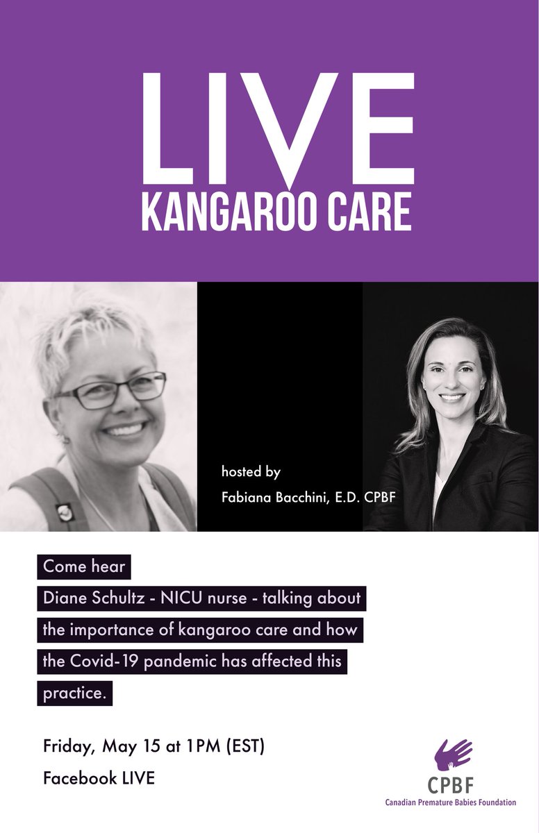 canadianpreemie's tweet photo. 💚💜 LIVE:  kangaroo care during covid-19 pandemia💜💚
 
Join us on a Facebook Live this Friday at 1 pm (est) for a live chat with Diane Schultz - NICU nurse - talking about the importance of kangaroo care and how the Covid-19 pandemic has affected this practice https://t.co/ZwUivB6dvH