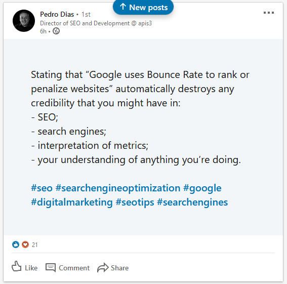 randfish's tweet photo. Ahem. This thing on?

I'd like to now automatically destroy any credibility I might have in SEO, search engines, metrics, &amp; my understanding of anything I'm doing.

Here goes.

**Google uses (relative) bounce rate (or something that's pretty darn close) to rank websites.**

😅🤪 https://t.co/vX2vNLGoA3