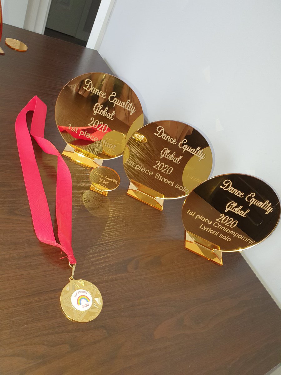 kulik372's tweet photo. Collecting their Dance Equality Global 2020 competition trophies from their dance teacher. It was so hard not to do hugs but was so refreshing to see a familiar face in real life! Perhaps we might need to try a diy trophy case project next 🤔😁 https://t.co/zW9sKkT5T5
