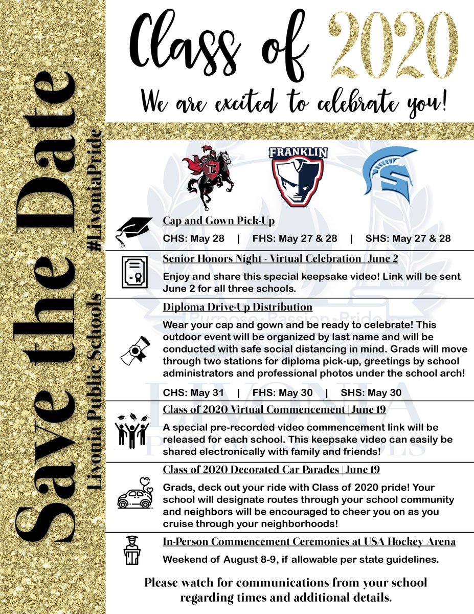 LivoniaDistrict's tweet photo. Seniors! Please check your email for an important message from Supt. Oquist and Mr. Willenborg. The letter and flyer were also emailed to all parents of seniors. Thank you for sticking with us as these plans were being made to celebrate the Class of 2020! #LivoniaPride https://t.co/XBhKKxqxgM
