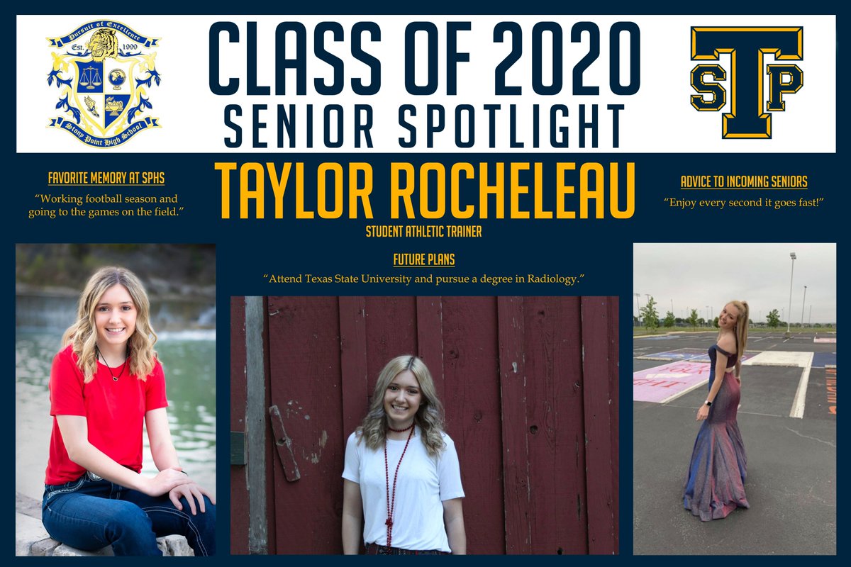 StpTiger's tweet photo. Class of 2020 Senior Spotlight: Taylor Rocheleau - Student Athletic Trainer - "Attend Texas State University and pursue a degree in Radiology." https://t.co/fNXOgPss6l @RoundRockISD @StonyPointHS @alwatsonjcil @ProjectGradSPHS #StonyPointSeniorStrong https://t.co/5yNOvNBkPu