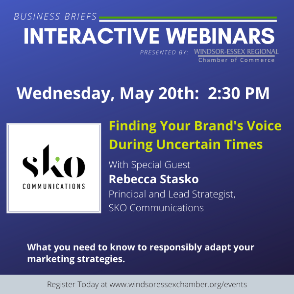 SKO Communications joins us next Wednesday to discuss responsibly adapting your #Marketing strategies during this uncertain time and beyond.

Don't miss out on this FREE interactive #webinar with local expert Rebecca Stasko.

Registration is available at windsoressexchamber.org/events