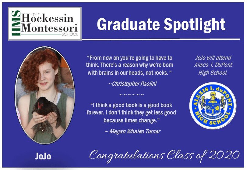 Congratulations Class of 2020!  #graduatespotlight #hmsde #classof2020 #hockessin #netde #de #montessori #eighthgrade #congratulations