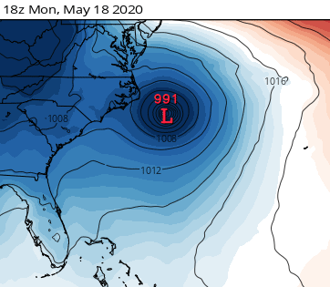 hurrtrackerapp's tweet photo. 18Z GFS is forecasting future #Arthur to be nearing hurricane status as it passes east of NC on Monday. #onemodelrun #notofficialforecast #staysoffshore https://t.co/cWSUf0JcMm